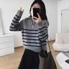 Autumn and Winter Wear Retro Striped Knitted Sweater Women Contrasting Color Half Zipper Lapel Pullover Sweater Women Casual Lazy
