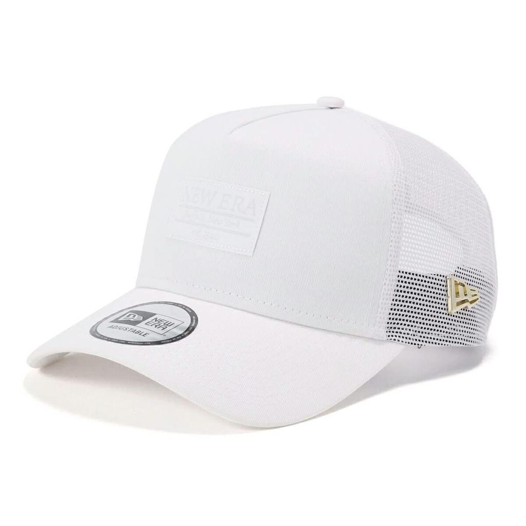 New Era 9Forty A-Frame Trucker Mesh Cap with Metal Flag Logo Patch, White, Tonal Color Patch, Exclusive To ONSPOTZ