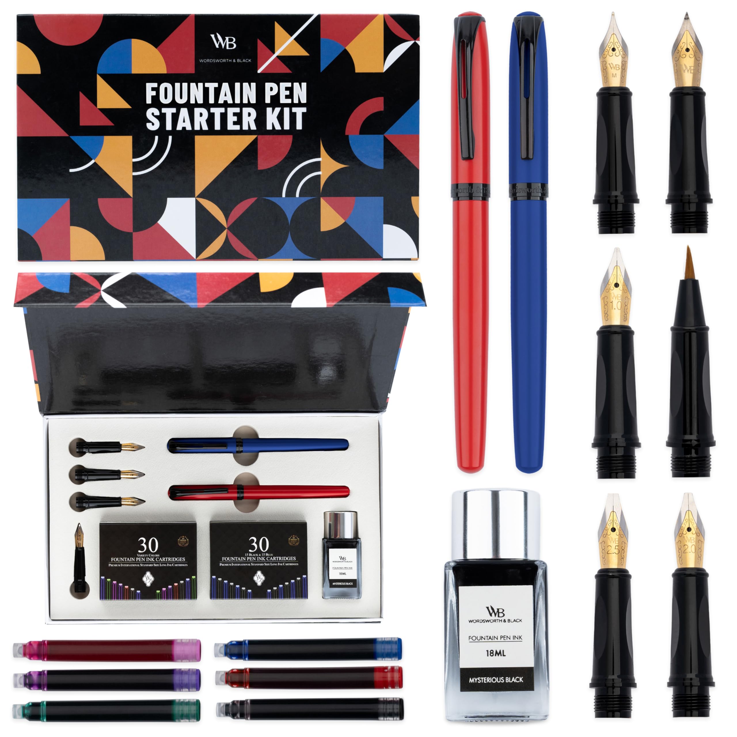 

Wordsworth and Black Fountain Pen Set Blue Includes 2 18ml Ink 60 Ink Ink Refill 1 Medium 4 Broad and a Brush Pen Fountain Pen Set - - Pens, Bottle,