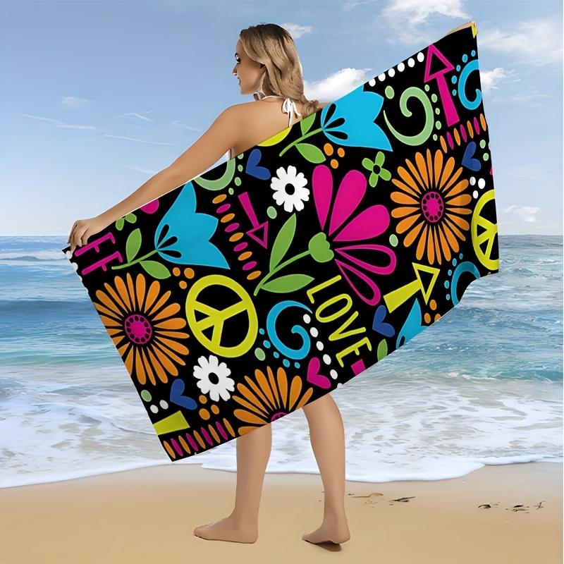 Bohemian Peace Sign Floral Print Beach Towel Quick Dry Absorbent Sandproof Lightweight for Travel Swimming Pool Hippie Style