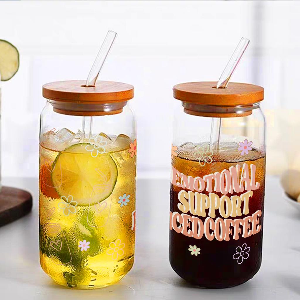 16oz "Emotional Support" Sublimeringsglasburk med bambulock och sugrör Kaffekopp Juice Glasflaska Sommar Vinter Dryckesglas