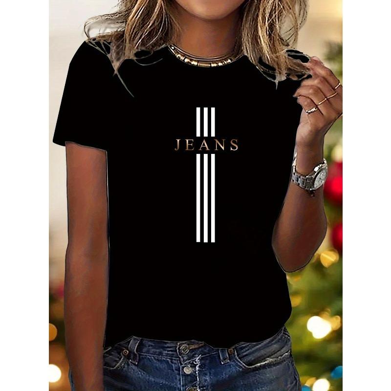 European Size Gradient Art Letter Printed Pattern - Elegant And Fashionable - Women'S Round Neck Pullover T-Shirt, Casual Sports Short
