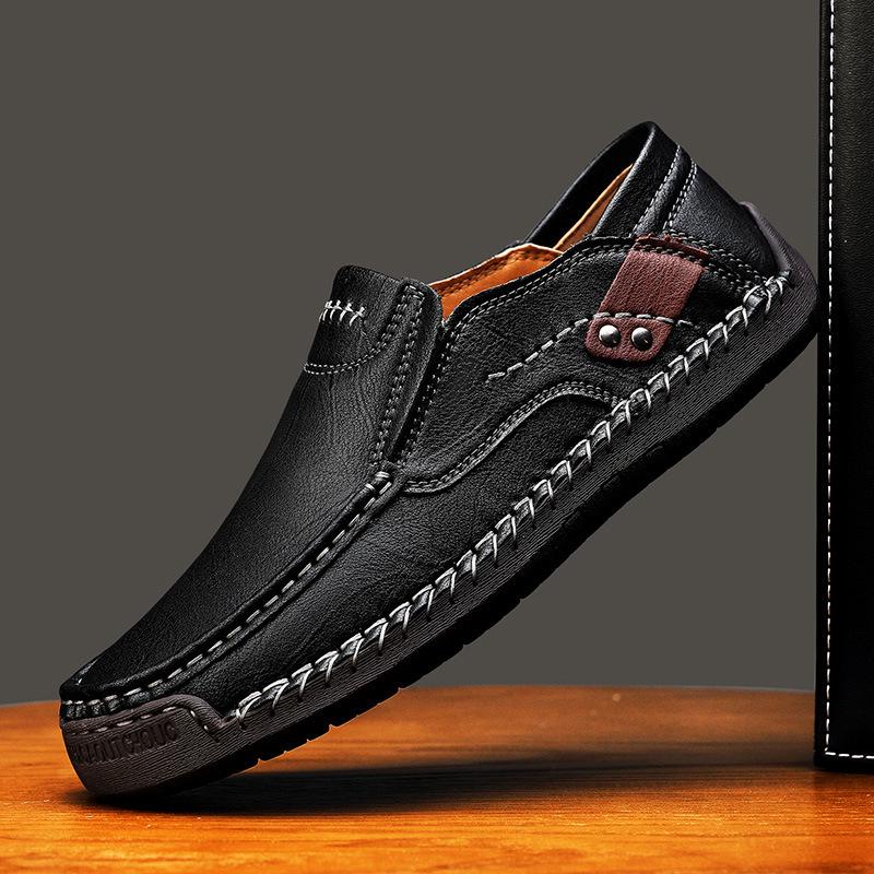 Hand-Stitched Men’s Leather Slip-On Loafers - Outdoor Casual, Low-Top, Plus Size.