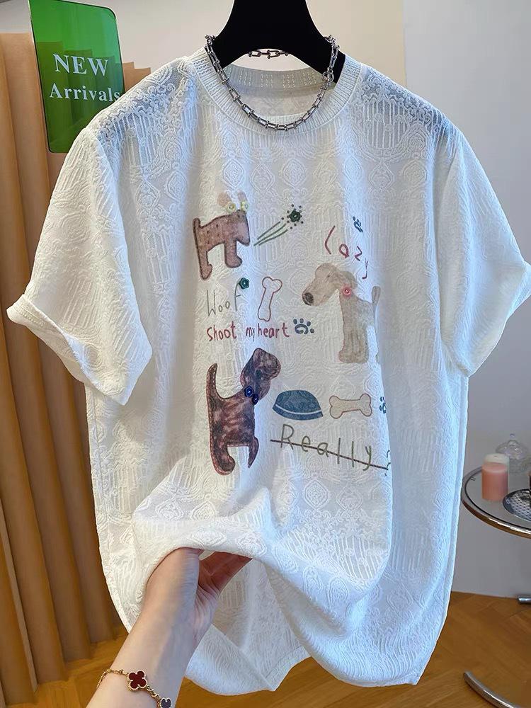 240 Jin Women's White Puppy Jacquard Short-Sleeve T-Shirt - 2026 New Summer Loose Casual Top