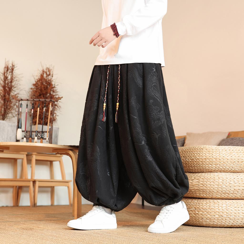 Men's Chinese Style Jacquard Lantern Pants Casual Loose Wide Leg Bloomers With Tassel Drawstring For Daily Wear