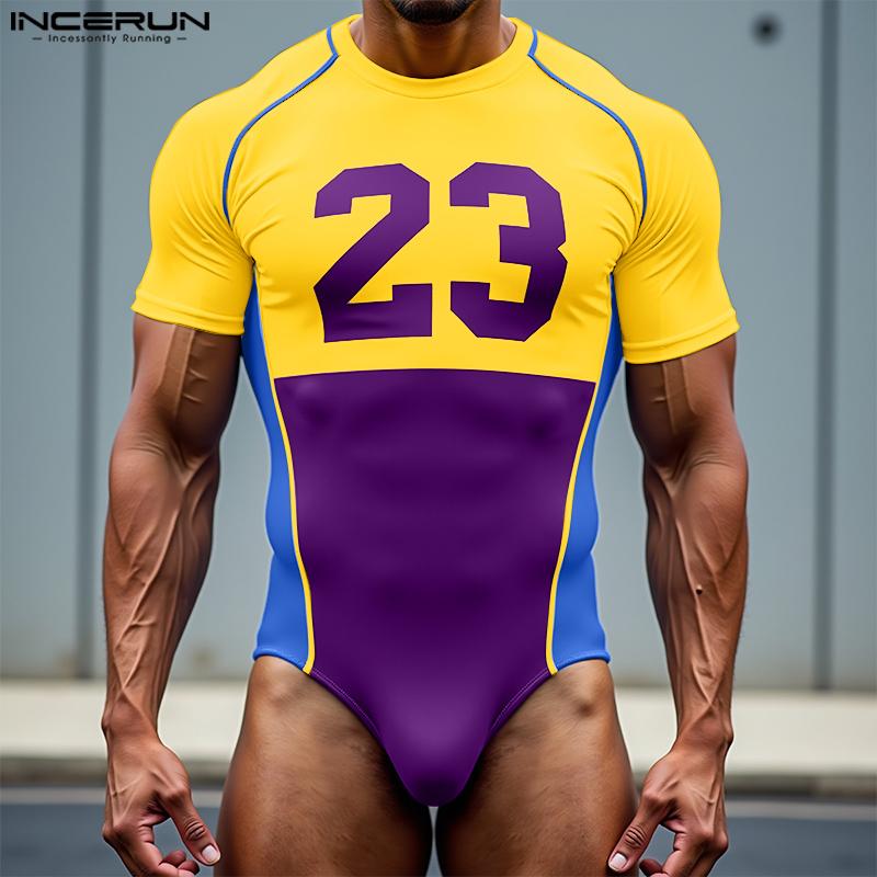 INCERUN Men's Short Sleeve Letter Print Fitted Leotard Jumpsuits Underwear One Piece Suit