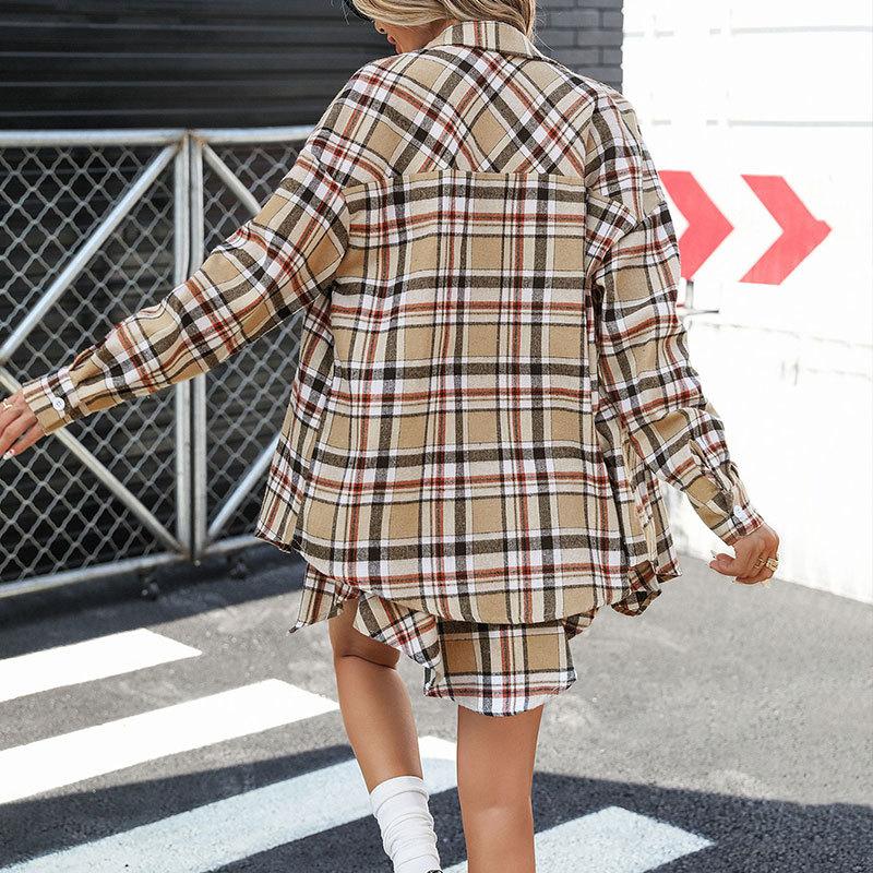 YYFS Women's Fashion Casual Plaid Print Spring Fall Long Sleeve POLO Neck Skirt Suits