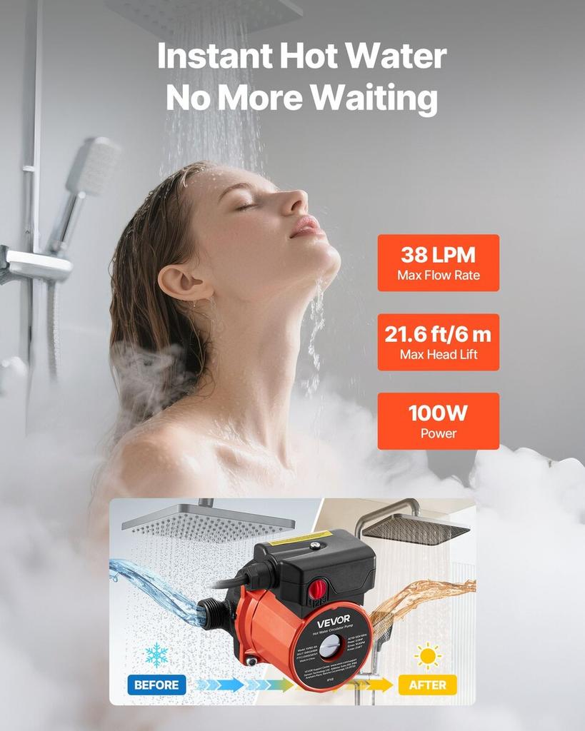 Hot Water Recirculating Pump, 38 LPM, Instant Circulation Circulator Pump System, 3-Speed Control, 100W, AC 220-240V, G3/4 In To G1/2 In Adapter, Cast