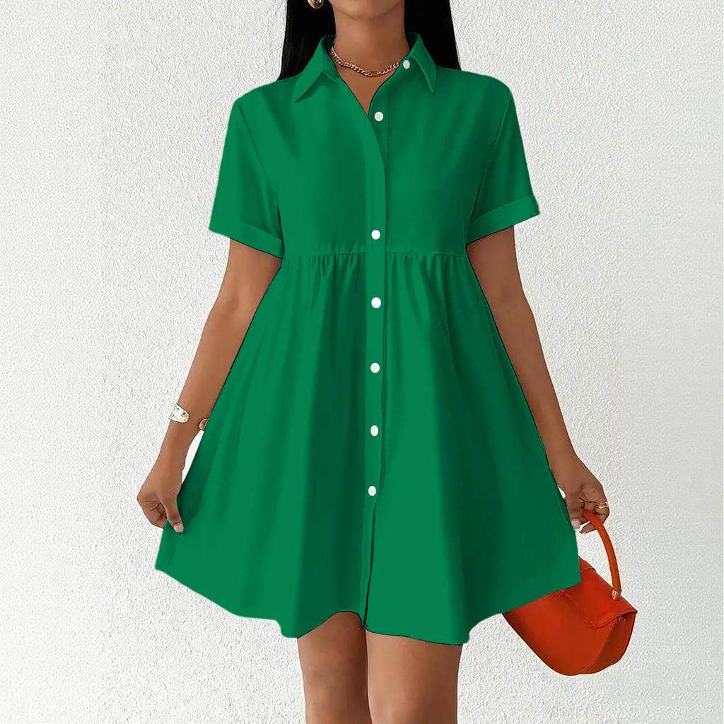 Women Short Sleeve Shirt Dress Button Down Collared Loose Fit Casual Mini Dress with Pockets Summer Style
