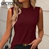 QICED Women's Fashion Casual Summer Solid Color Print Short Sleeveless O-Neck Blouses & Shirts