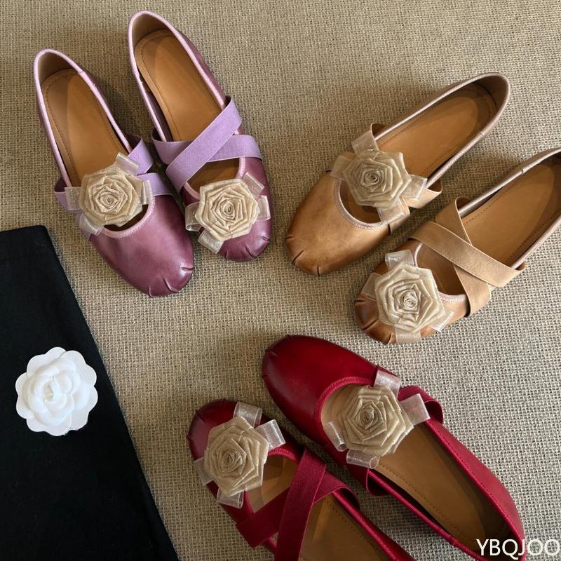 Fashion Women's casual light yellow round toe shoes retro camellia flat bottom cross with shallow mouth simple comfortable single shoe