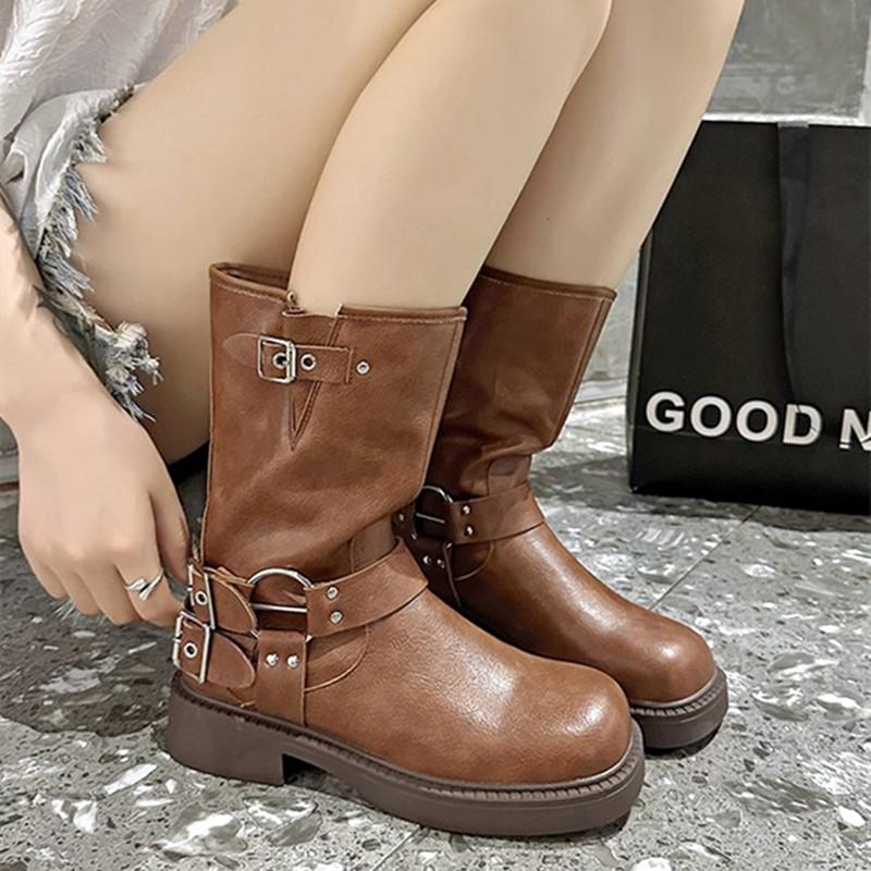 Gothic Buckle Platform Ankle Boots Women Combat Boots with Studs Winter Brown Mid-calf Boots for Women Motorcycle Botas Mujer