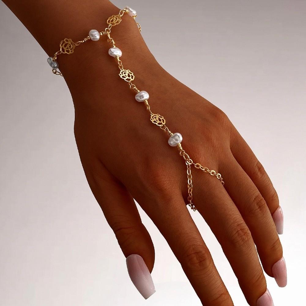 Gold Color Chain Ring Bracelet Starfish Flower Pearl Bracelet Finger Bracelet Jewelry Accessories