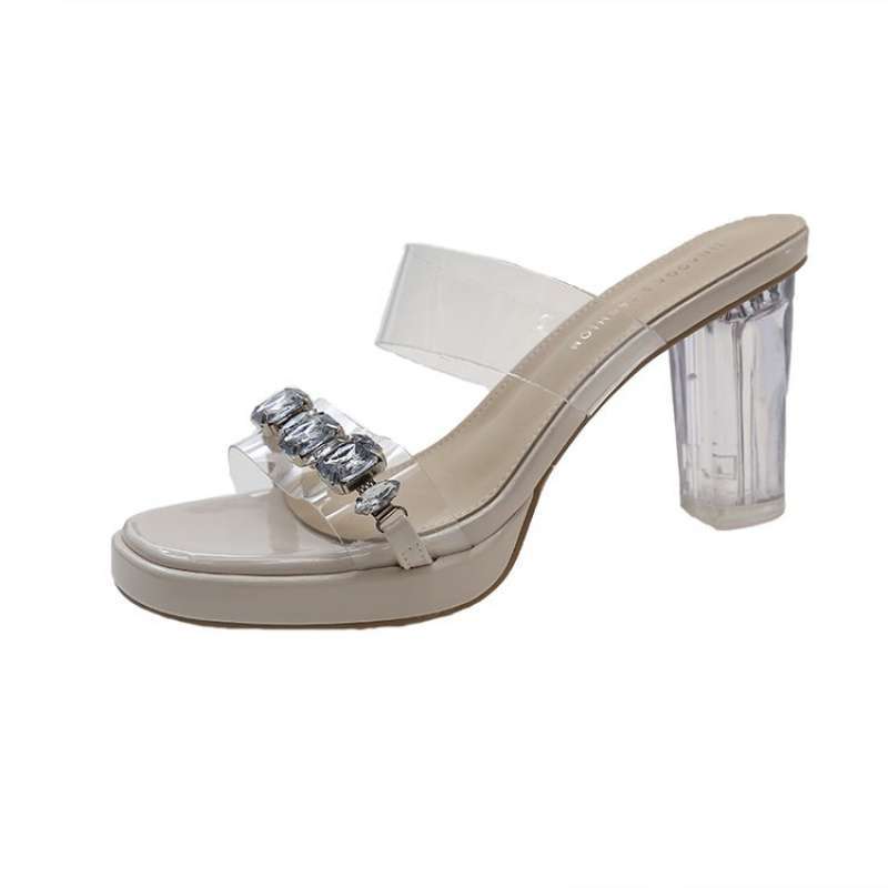 Waterproof Table Crystal Thick Heel Cool Slippers 2025 Women's Summer Wear Rhinestone Transparent One-word Strap High Heels