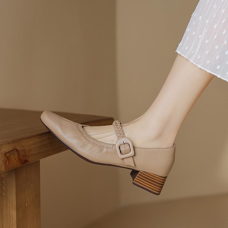 Fashion Casual Sneakers Woman Genuine Leather Apricot Square-toed Single-bar Buckle Soft Sole Low-cut Mary Jane High Heel for Spring