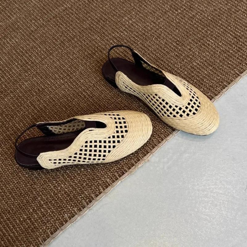 

Fashion 2025 Summer Woven Baotou Elasticated Back Cutout Flat Sandals for Women Breathable 40