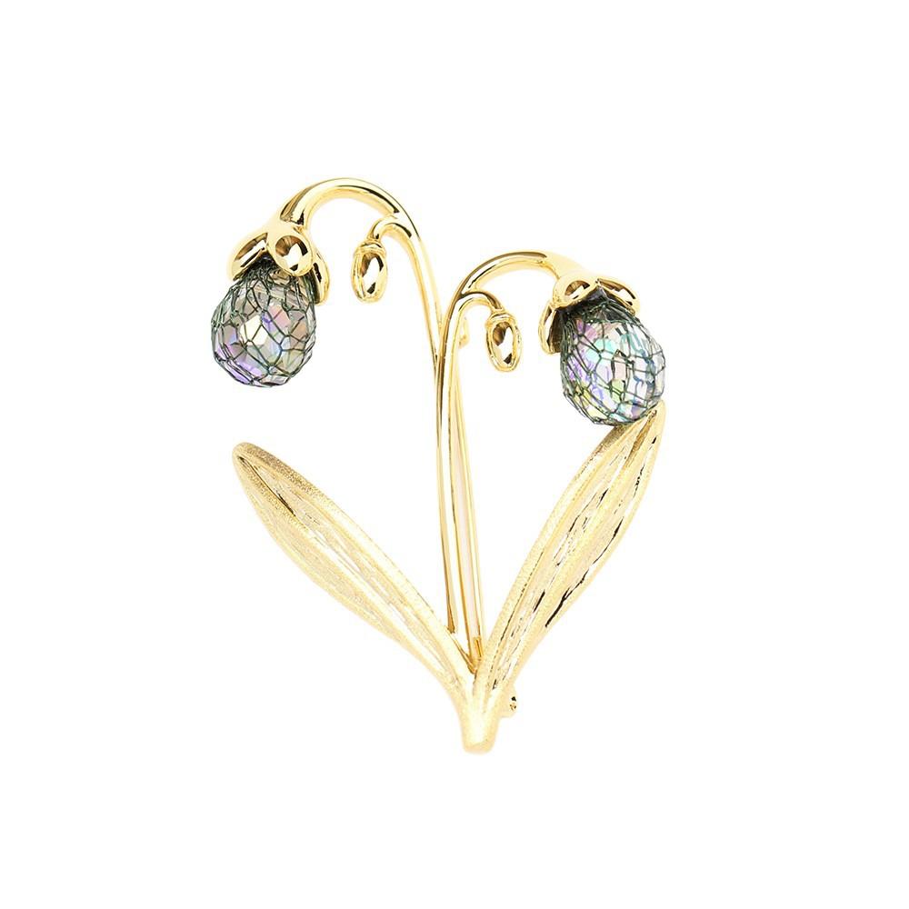 Spilla a forma di bouquet di gigli della valle con cristalli viola, foglie dorate spazzolate, lusso leggero di nicchia, pin versatile per donna