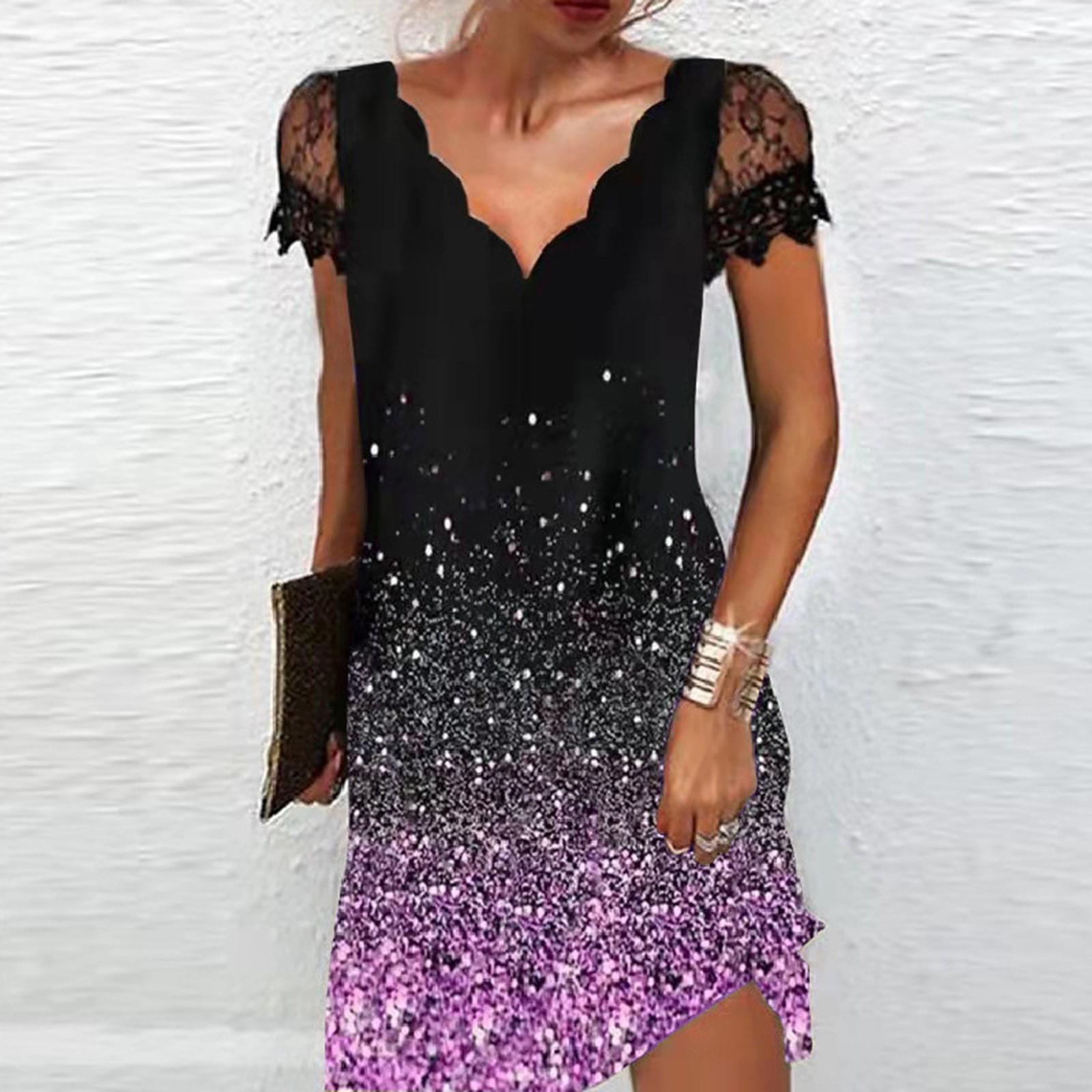

Ladies Casual Positioning Print V-Neck Lace Panel Short Sleeve Dress L фіолетовий