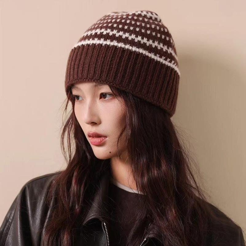 % Wool Retro Striped Knitted Hat Women's Autumn and Winter Versatile Face Small Warm Wool Hat