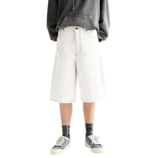 

Men Denim Shorts Mid-rise Button Zipper Fly Summer Jeans Straight Wide Leg S белый