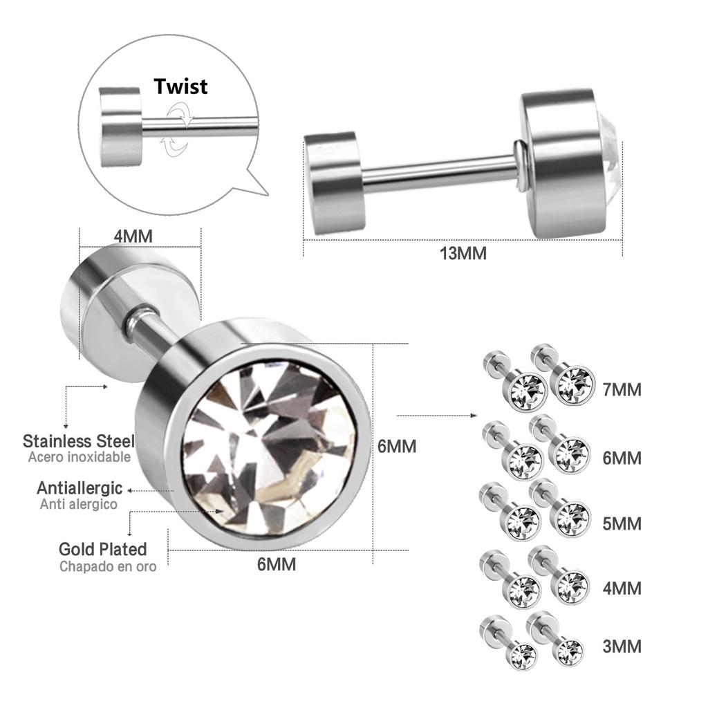 LUXUSTEEL 3mm-7mm Schwarz Weiß Zirkonia Zirkon Stecker Ohrringe Für Damen Herren Kristall Schraube Edelstahl Schmuck Kein Verblassen Allergiefrei