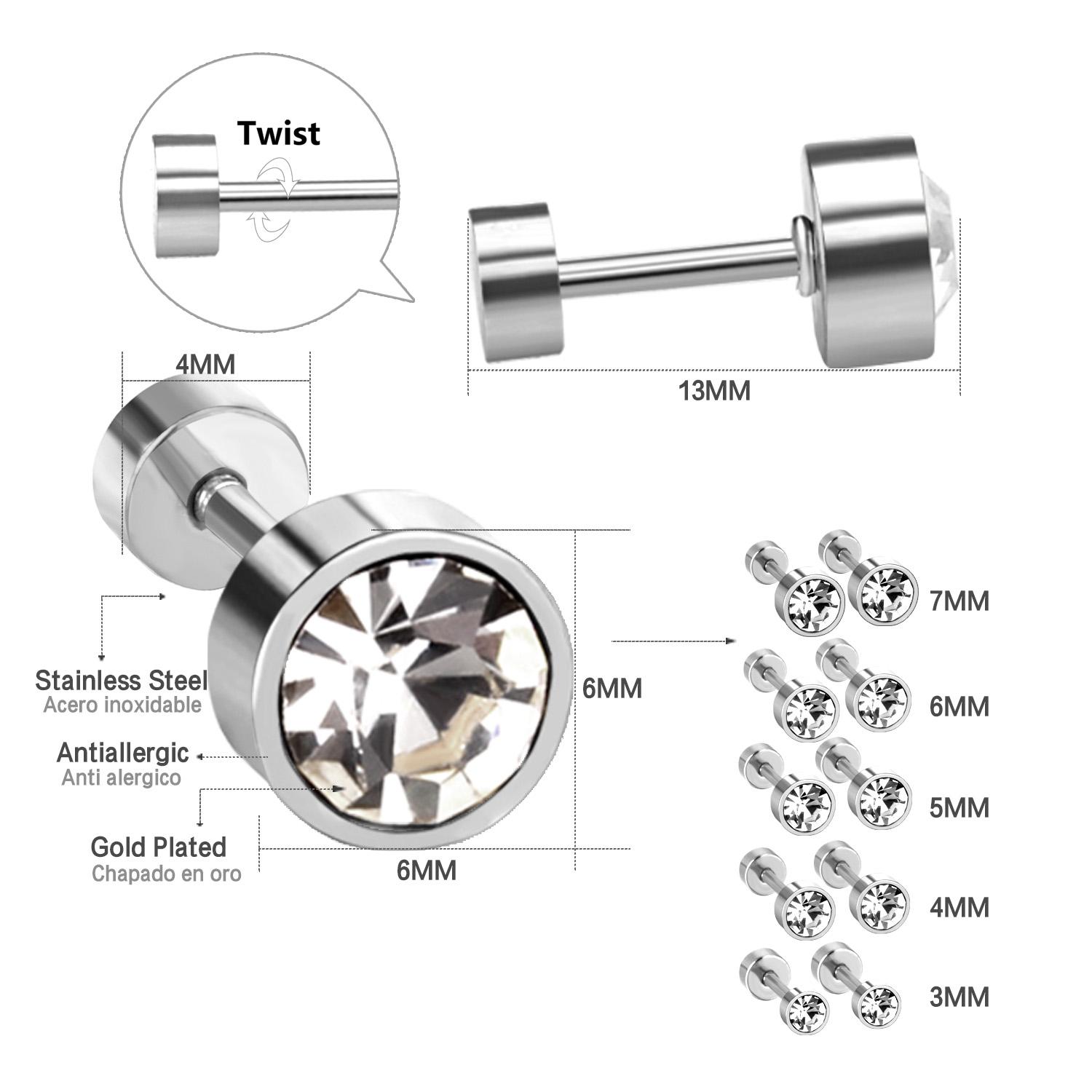 

LUXUSTEEL 3mm-7mm Black White CZ Zircon Stud Earrings For Women Men Crystal Screw Stainless Steel Jewelry No Fade Allergy Free 3mm