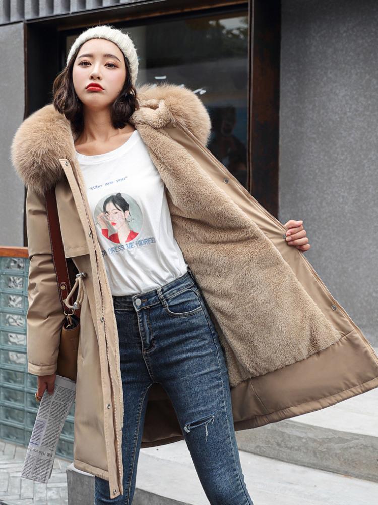 Elegant Women's Mid-Length Parka Jacket - Plus Size,Solid Color, Hooded, Polyester Material, Thickened Winter Coat with Drawstring Detail
