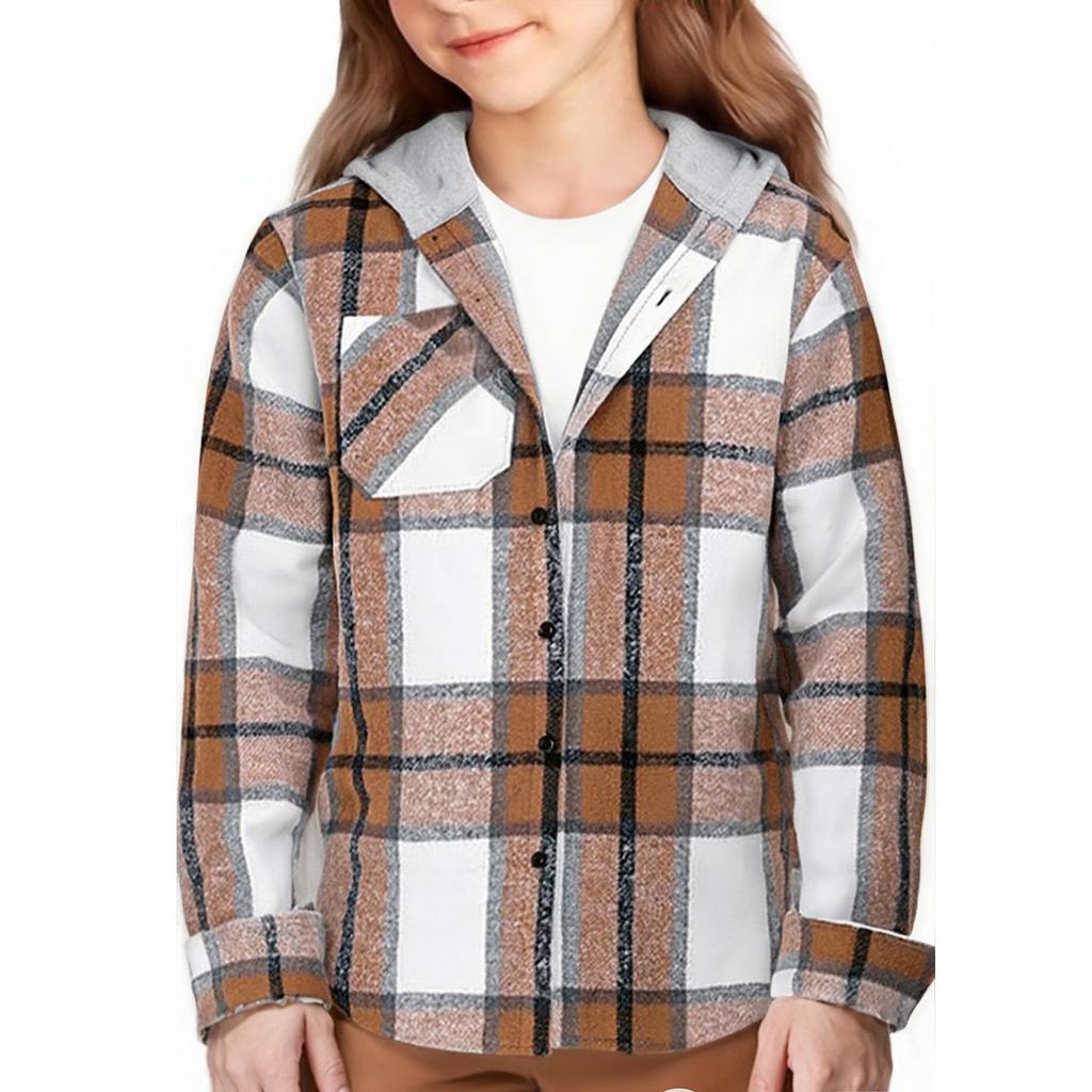 Children's Fashion Hooded Plaid All-match Casual Loose Shirt Long Sleeve Jacket