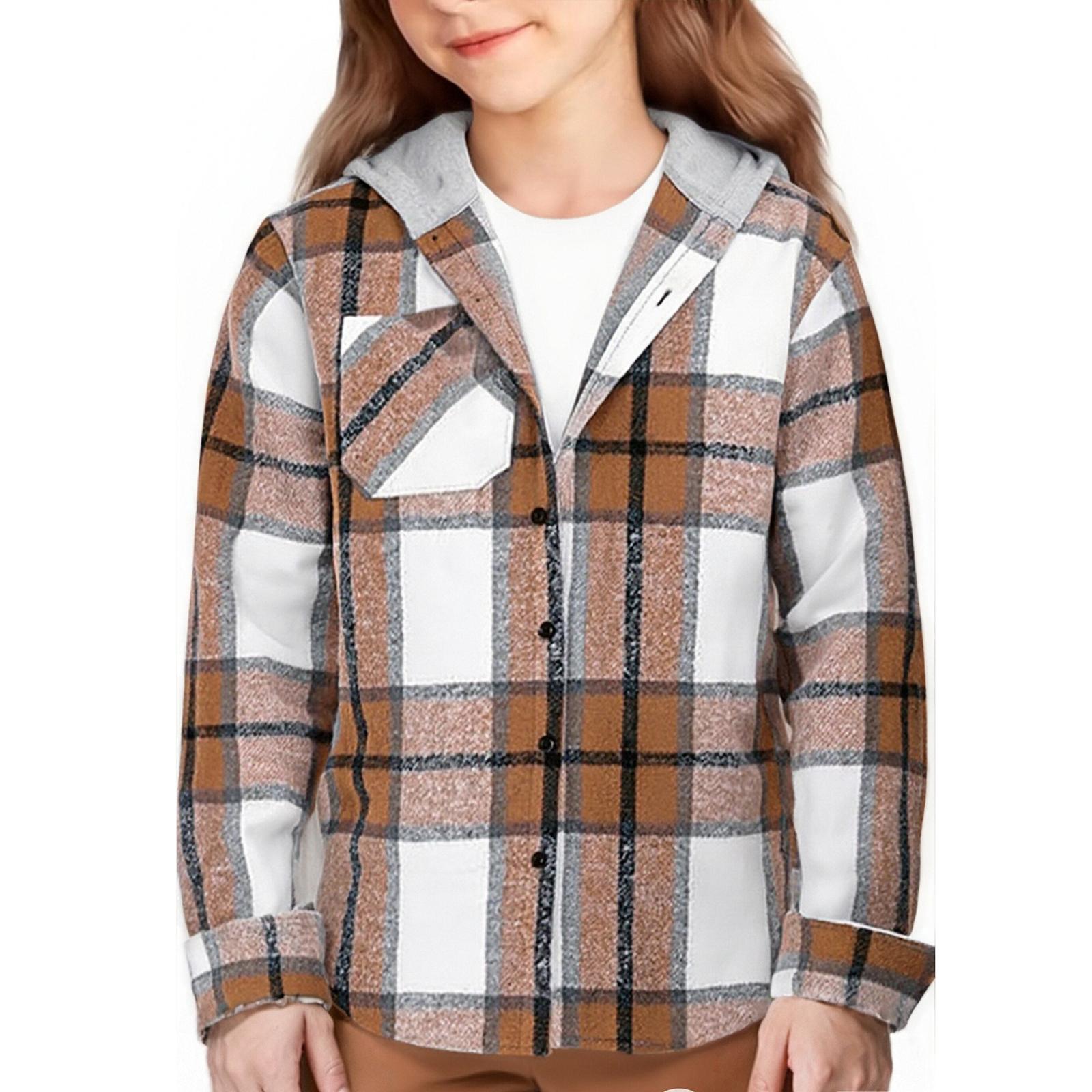 

Children s Fashion Hooded Plaid All- Casual Loose Shirt Long Sleeve Jacket 160