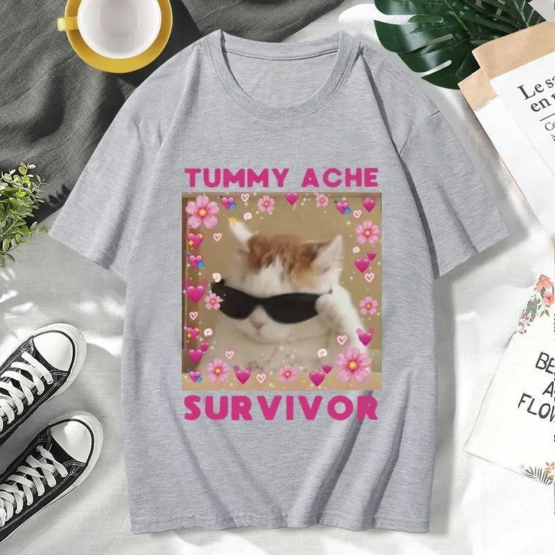 Retro Harajuku Tshirts Tummy Ache Survivor Funny Cat Meme T-Shirt Men's Women's Clothing Summer Cotton T Shirt