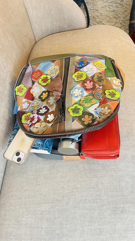 Damen Leder Patchwork Rucksack – Blumen-Design