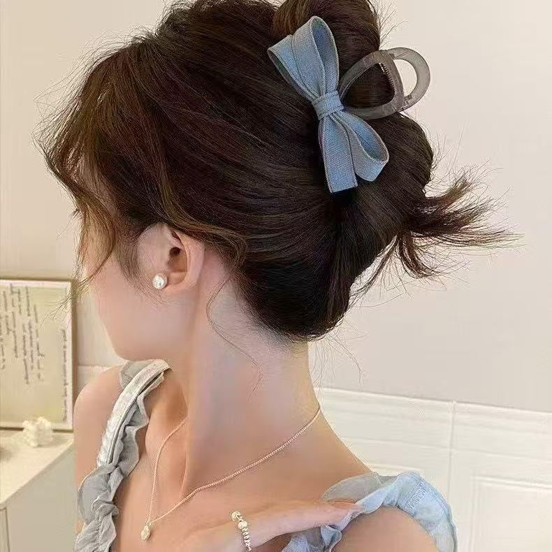 Korean Style Denim Bow Hair Clip - Versatile Shark Clip Accessory for Buns