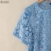 ZANZEA Women Casual Stand Collar Half Sleeve Lace Embroidery Patchwork Blouse