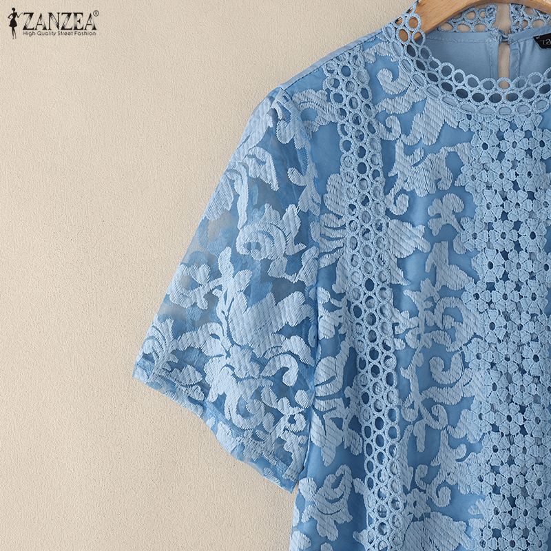 ZANZEA Women Casual Stand Collar Half Sleeve Lace Embroidery Patchwork Blouse