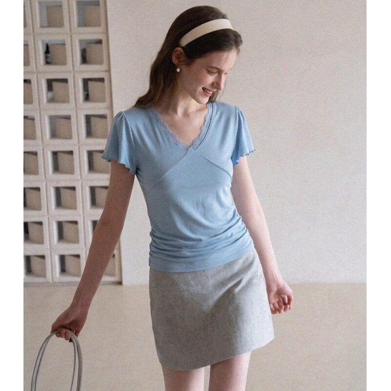 French pure desire gentle lace edge short-sleeved T-shirt women's summer waist thin cross V-neck temperament beautiful small top