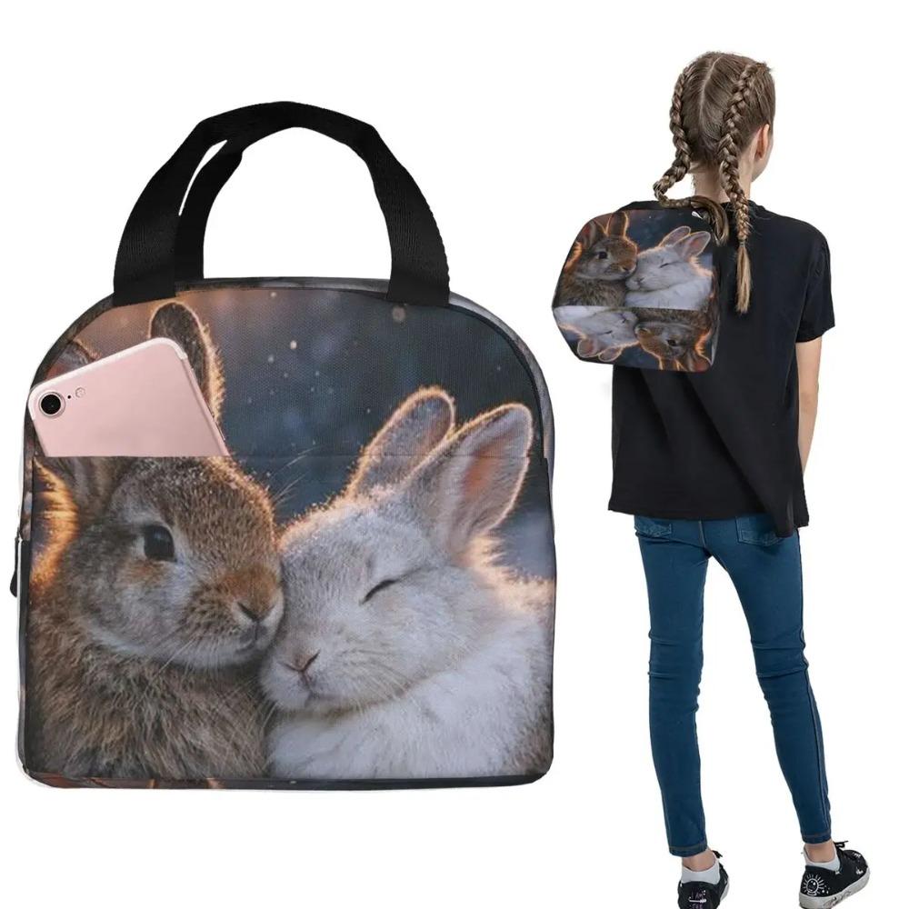 Cute Cartoon Two Little White Rabbits Insulated Lunch Bag for Women Children Leakproof Food Boxes Thermal Lunch Box Tote