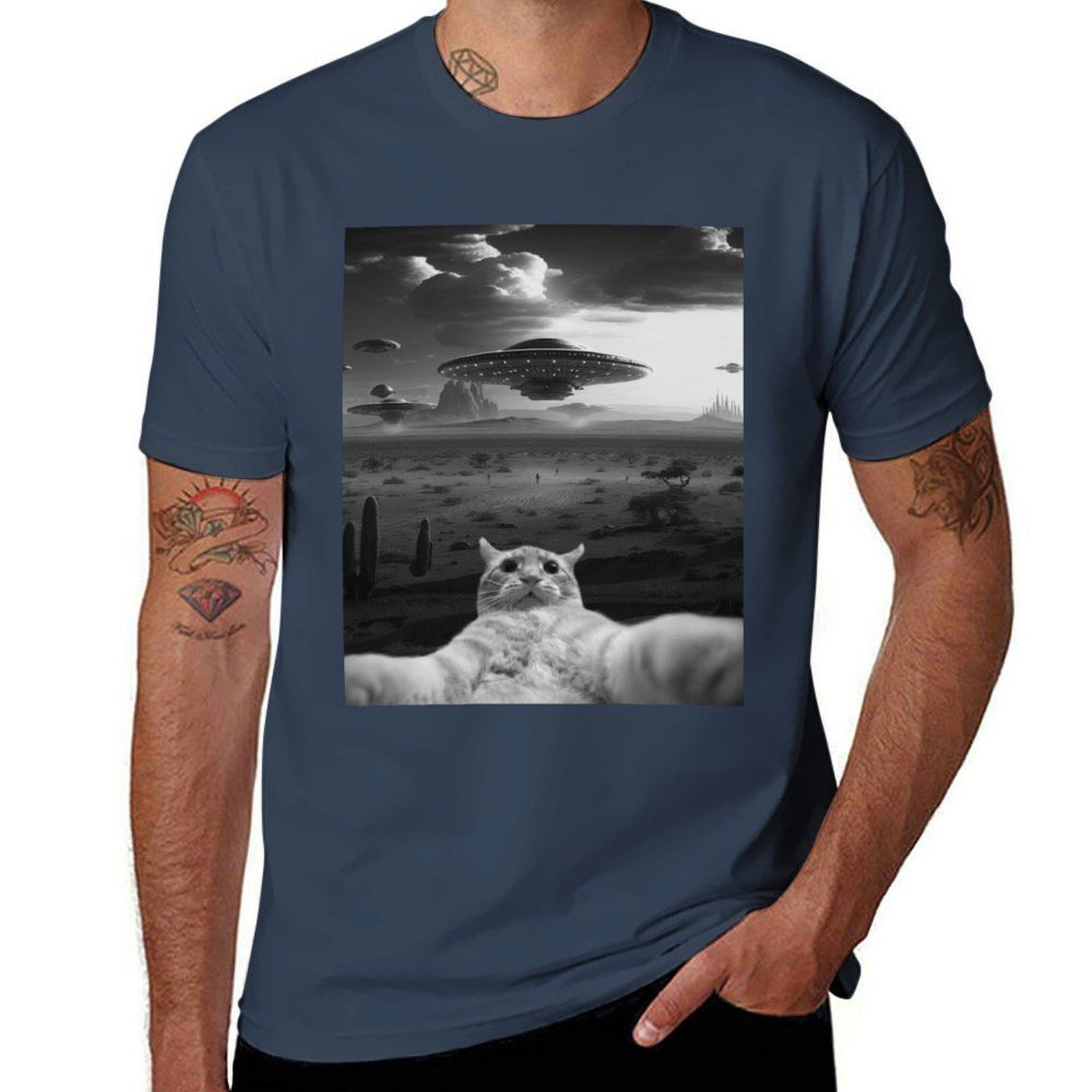 Футболка с смешным котом и НЛО Инопланетянин t shirts для мужчины хлопок смешные футболки хлопок 100% Футболка S