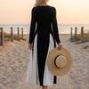 Women's European Color-Block Long-Sleeve Dress with Waist-Cinching and Elegant Long Skirt