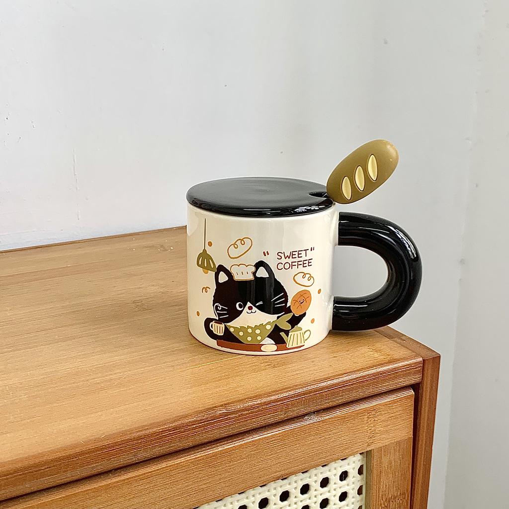 Brot Kätzchen Tasse mit Deckel Löffel Große Kapazität Keramiktasse für Mädchen Büro Wasserbecher Kaffee Frühstückstasse Männer