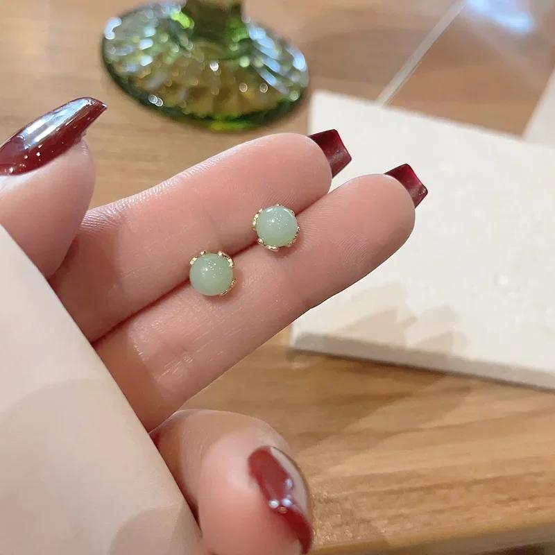 Mini Bead Imitation Hotan Jade Green Stud Earring for Women Female Sweet Jewelry Wedding Christmas Gift