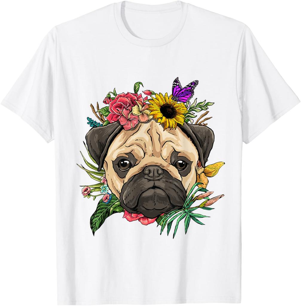 Pug Face Flower Crown Butterfly Graphic Tee Soft Cotton Casual Trip T-Shirt