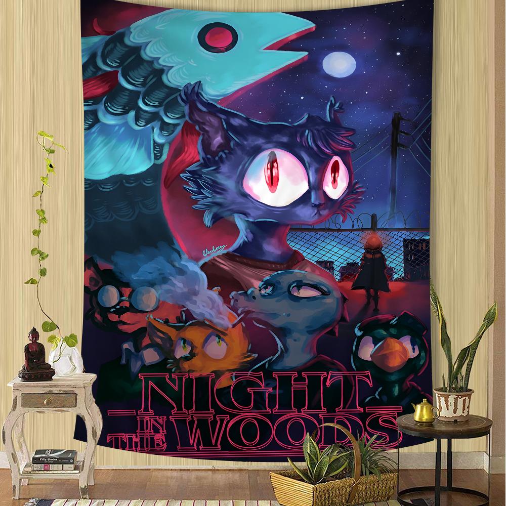 Night in the Woods Volle Charakter-Silhouette Wandteppich Farbverlauf-Hintergrund Gemütliche Zimmerdekoration für Indie-Spiel Nostalgische Fans