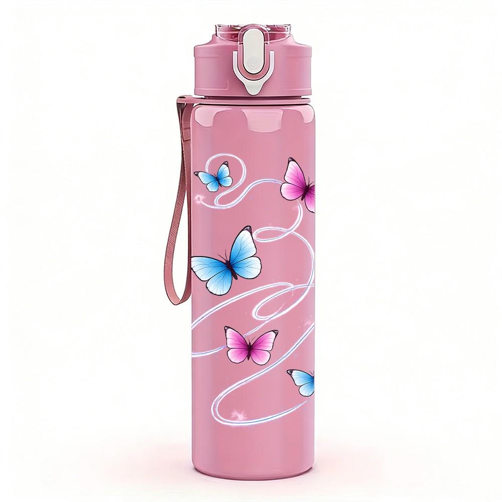 1PC Multiple Butterflies Floating Air Print 750ml Color Plastic Sports Water Bottle Leakproof Flip Straw Lid Suitable for Sports Office Home Use