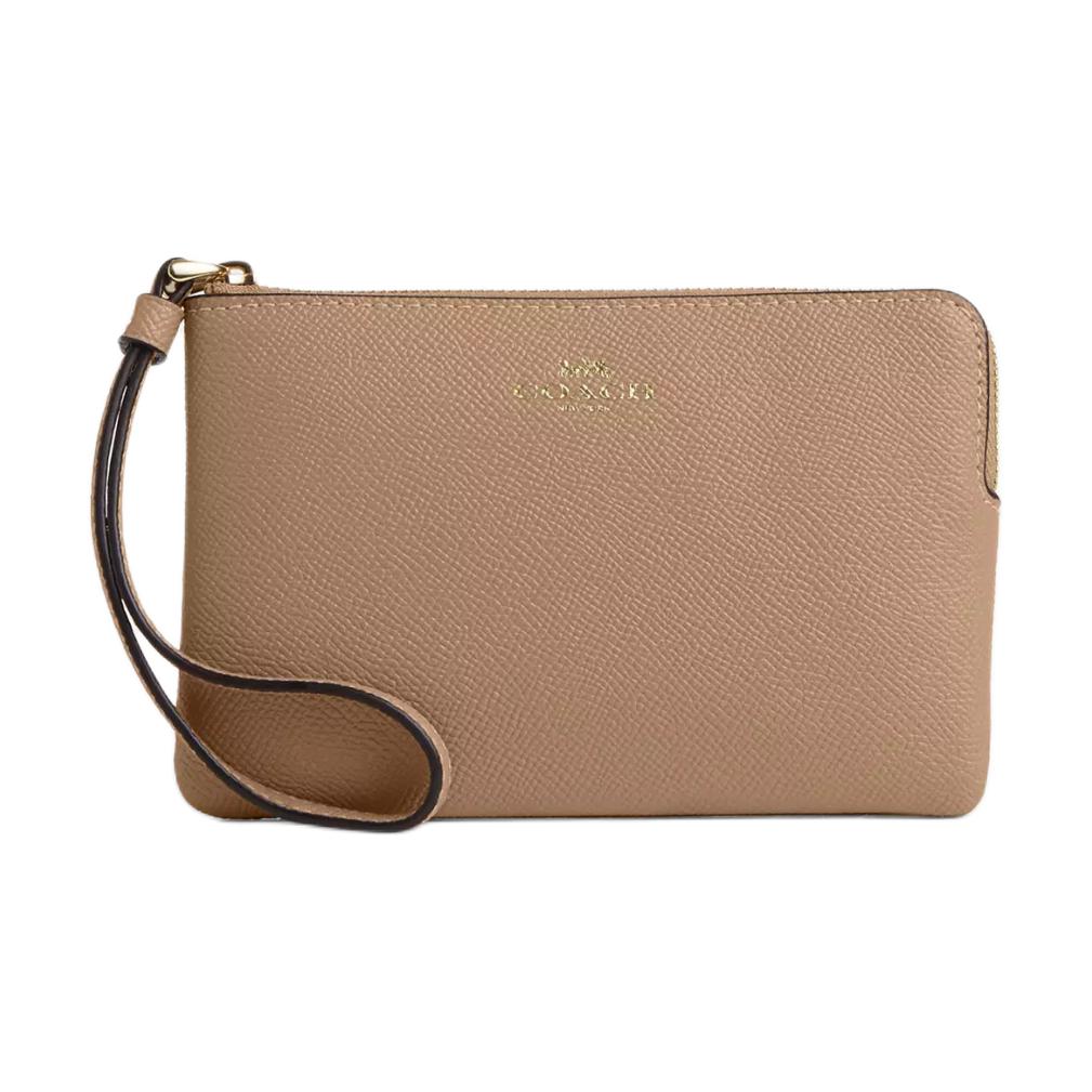 COACH Corner Zip 16 Metal Logo Zip Closure Recycled Leather Wristlet Women clutch Brown CV396-IMTAU Basic Set (Bag+Dust Bag)
