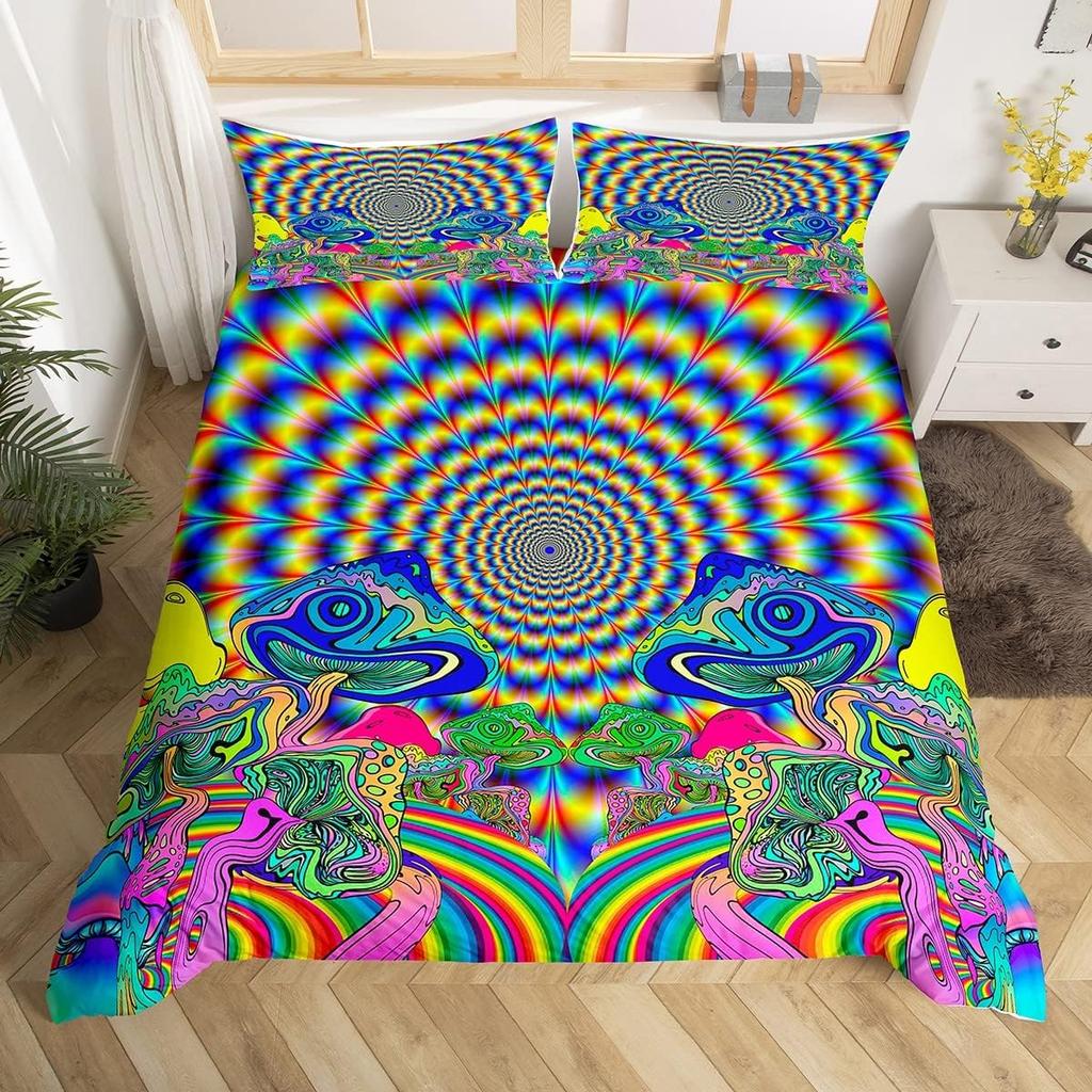 Exotic Mushroom Eyes Rainbow Duvet Cover Queen King Size Bohemian Style Bedding Set For Men Women Halloween Floral 3 Pcs