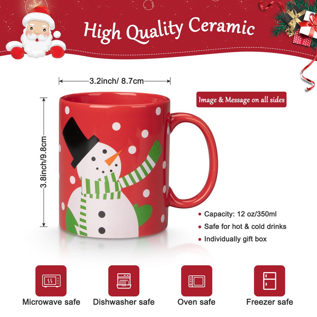 2 Pcs Ceramic Christmas Mugs, Premium Merry Christmas Gifts, 12 Oz Red and White Mugs with Handle, Microwave Safe for Coffee Tea