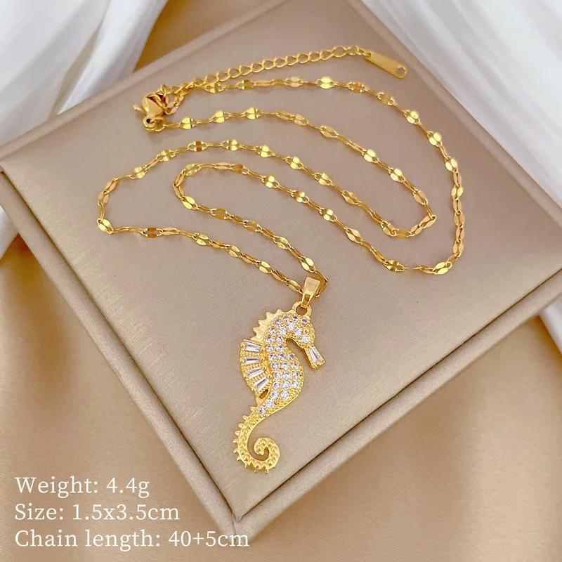 

Fashion Zircon Hippocampu Seahorse Pendant Necklaces for Women Men Hip Hop Stainless Steel Chain Jewelry Gifts for Lover Friends