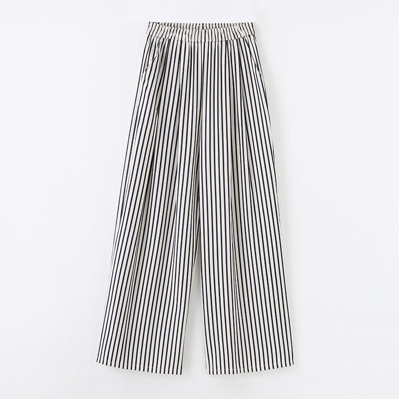 Leichte gestreifte Eisseide Hose mit weitem Bein Damen Sommer Dünnes Design Hohe Taille Sonnenschutz Lässig Locker Gerade Bein Hose