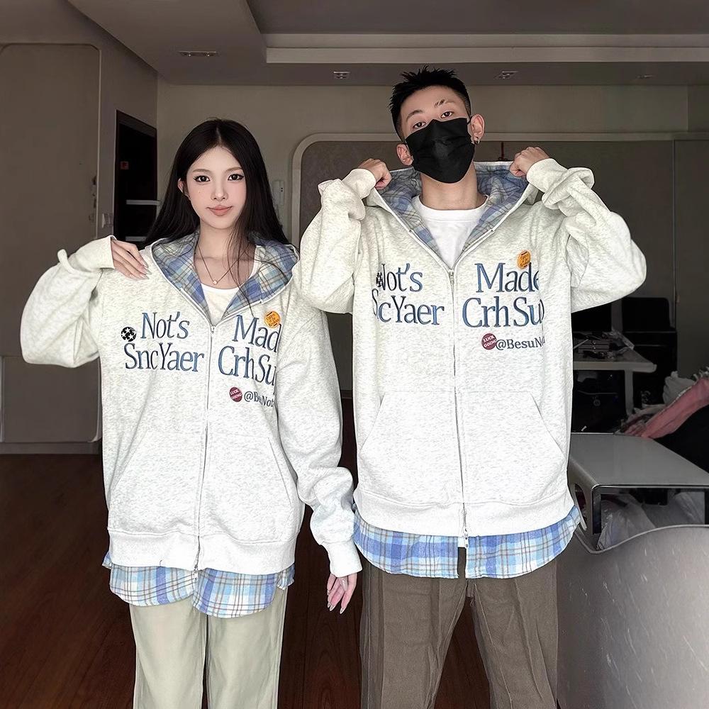 

Unisex American Retro Plaid Patchwork Hooded Sweatshirt: Thick, Loose-Fit, Autumn/Winter Casual Jacket Extra Large темно-синього кольору