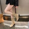 Khaki Suede Pointed Toe High Heel French Ankle Boots for Women - Slimming Design, Stacked Heels, 2025 Spring/Autumn Collection.